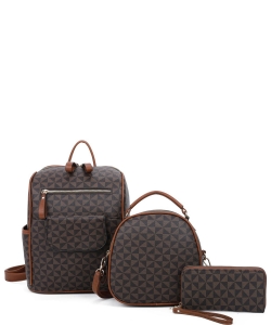 3 In1 Triangle Monogram Multi Design Backpack with Matching Bag and Wallet Set SJ21361 BROWN